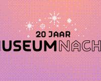 Campagnebeeld van Museumnacht met tekst 20 jaar Museumnacht en vuurwerkspetters